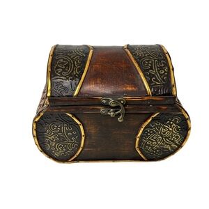 Vintage Wooden Metal Wicker  Trinket Box with Lid and Latch